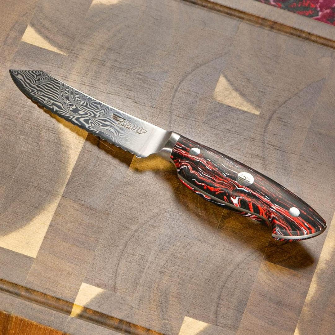 Eagle U-Grip - Brotzeitmesser 11 cm - Voll-Damaststahl 108 Lagen/Heftschalen: G10 schwarz-rot-weiss