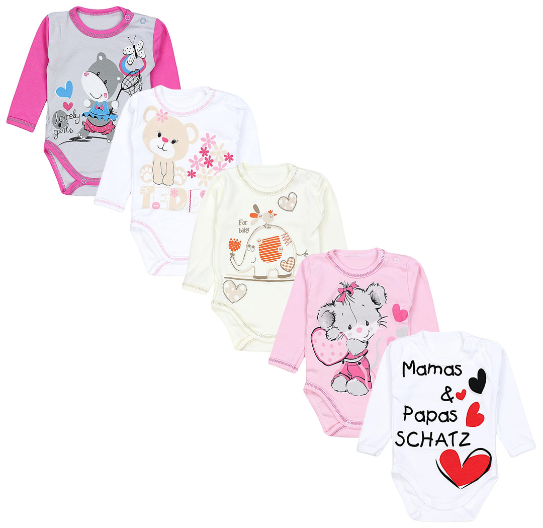 TupTam Unisex Baby Langarm-Body mit Aufdruck 5er Set 92 Mamas Papas Schatz Weiss Elefant Ecru Teddy