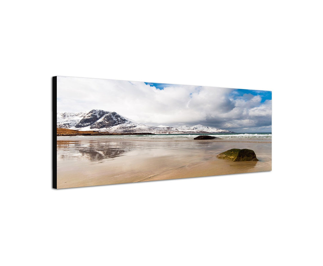 Wandbild auf Leinwand als Panorama in 150x50cm Norwegen Fjord Berge Schnee Meer Wolken