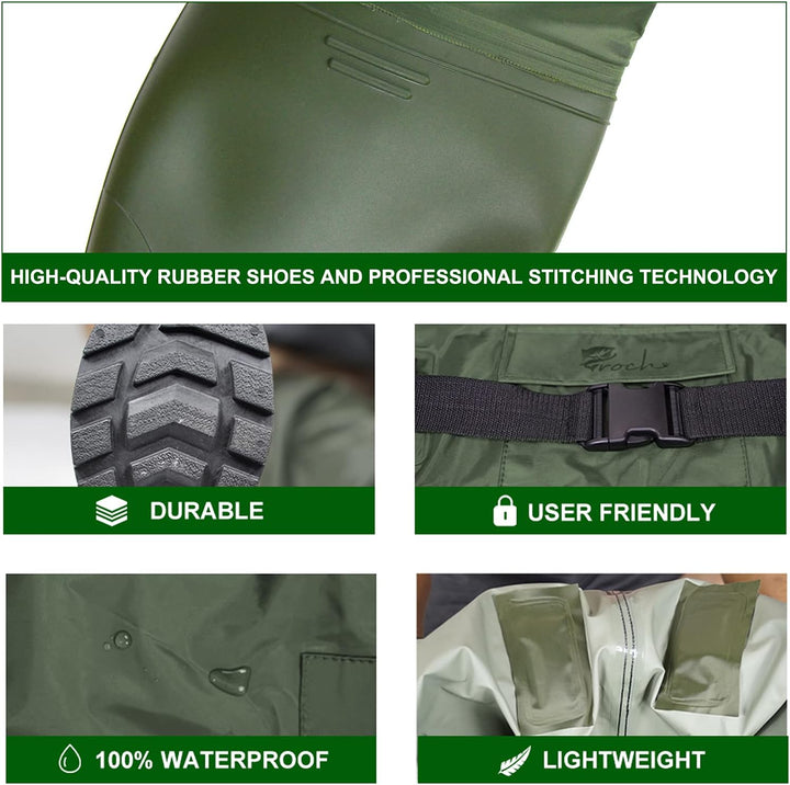 Croch Wathose für Herren Damen Anglerhose Wasserdicht PVC Nylon mit Gummi Watstiefel Grösse 38-47 Pe