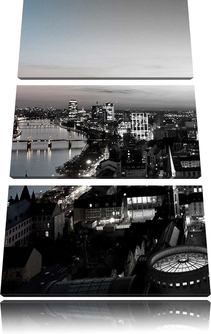 Pixxprint Frankfurter Skyline bei Sonnenuntergang schwarz/weiss 3-Teiler Leinwandbild 120x80 Bild au