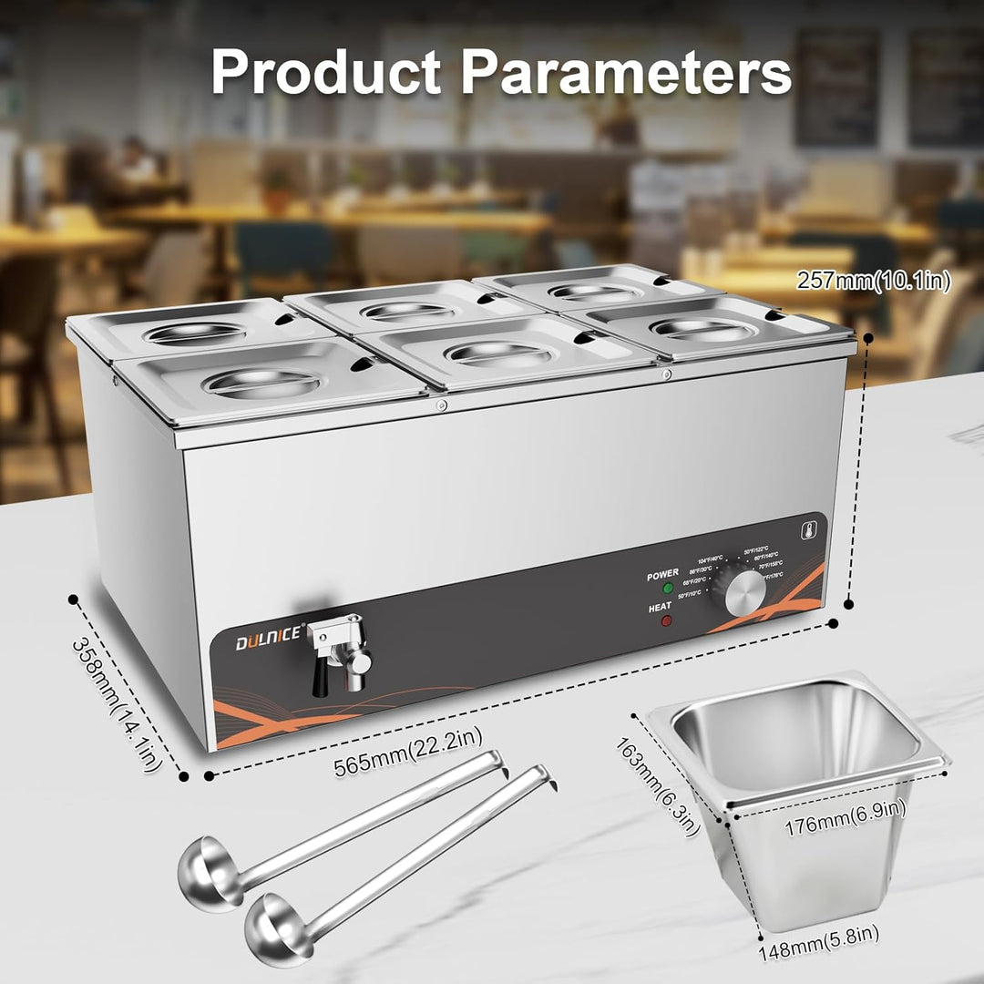 DULNICE Bain Marie Speisewärmer Elektrische Edelstahl 1500W 6 GN-Behältern Wasserbad mit Ablaufhahn,