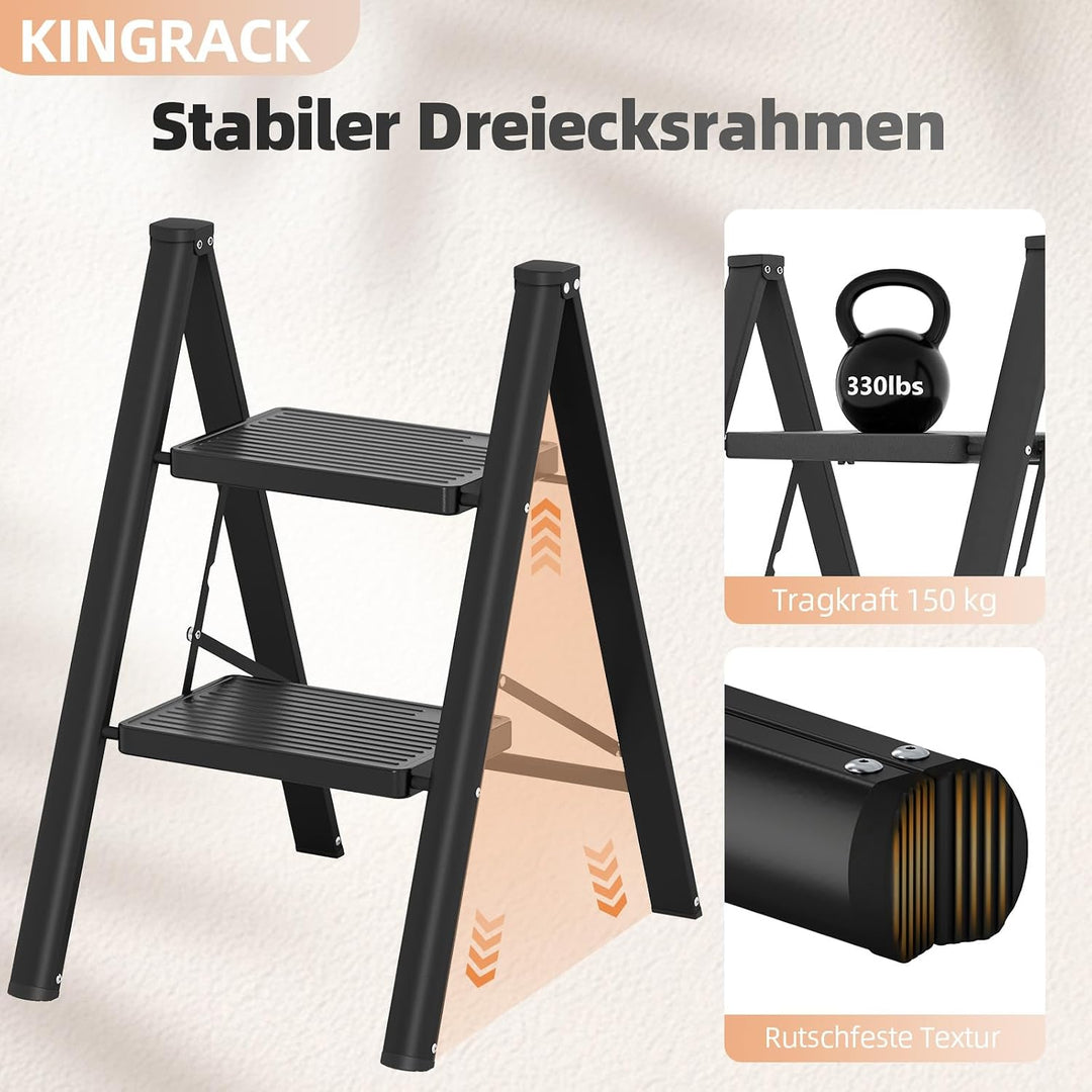 KINGRACK Trittleiter 2 Stufen Klappbar, Tritthocker Leicht Platzsparend | Klapptritt mit Rutschfeste