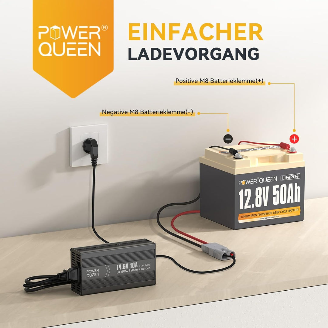 Power Queen 12,8V 50Ah LiFePO4 Akku Lithiumbatterie mit 14.6V 10A LiFePO4 Batterie Ladegerät Konstan