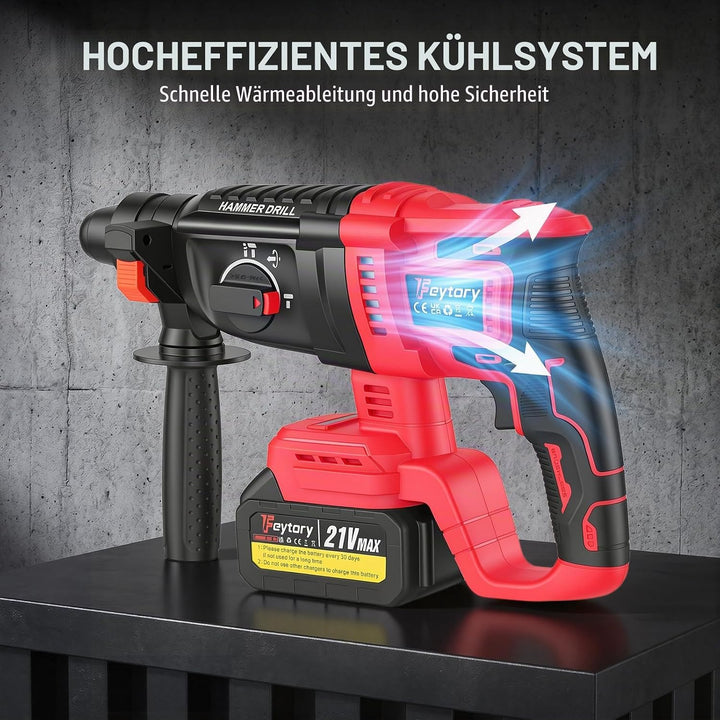 21V Akku Bohrhammer Set mit 2 Batteries & Ladegerät, 0-1000 U/min, 26mm Bohrkapazität, Kabelloser Mu