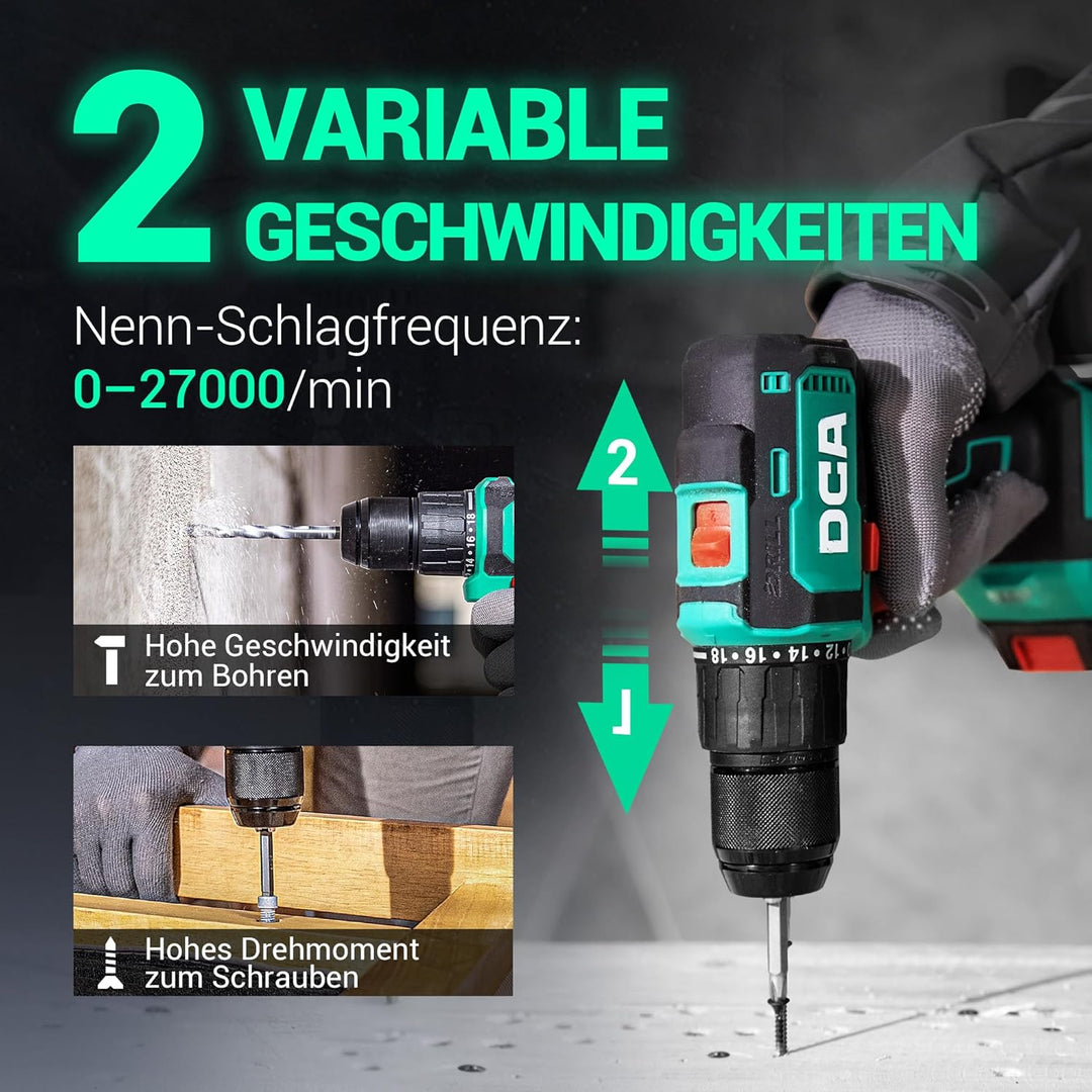 DCA 20V Bürstenloser Akku-Schlagbohrschrauber, 55Nm max. Drehmoment, 13mm Metallbohrfutter, 18+1+1 D
