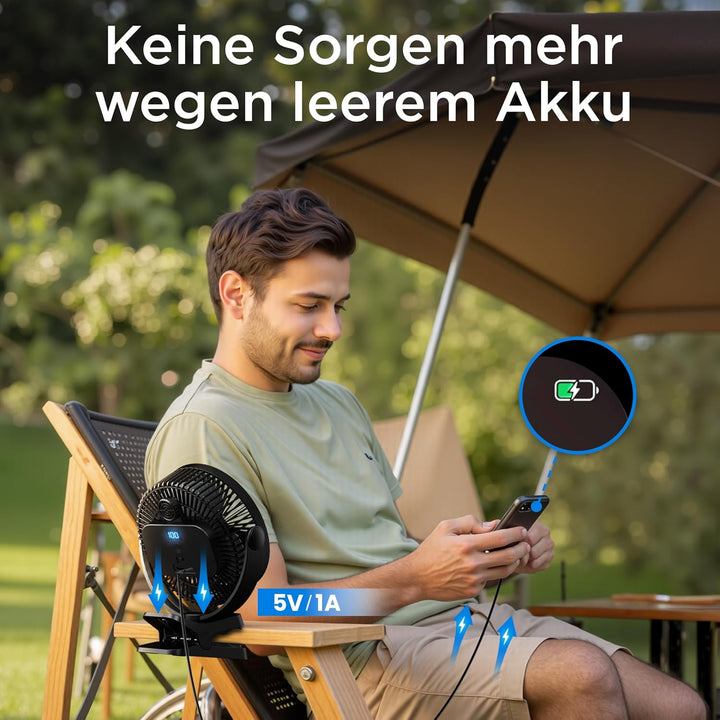EasyAcc Ventilator mit Clip, 10000mAh USB-Ventilator, 3-in-1-Tischventilator mit 5 Geschwindigkeiten