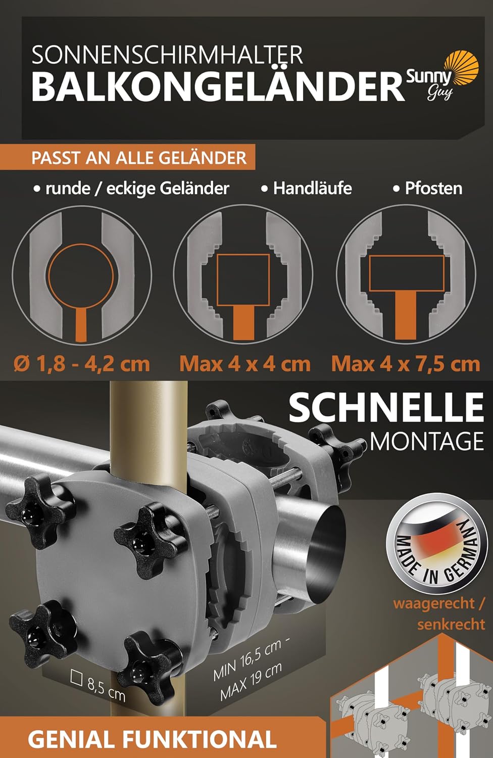 4smile Sonnenschirm Balkon SunnyShade, Beige - 3-in-1 SET Sonnenschutz Balkon - UPF 50+ Sonnenschirm