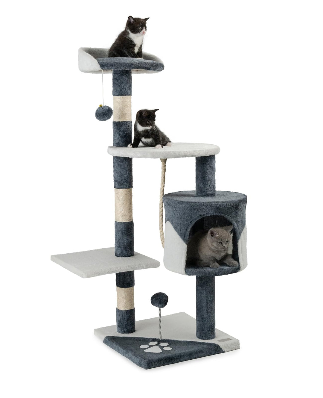 lionto Kratzbaum für Katzen mit 2 Plüschbällen & Spielseil, Höhe 112 cm, Katzenbaum mit Sisalseil &