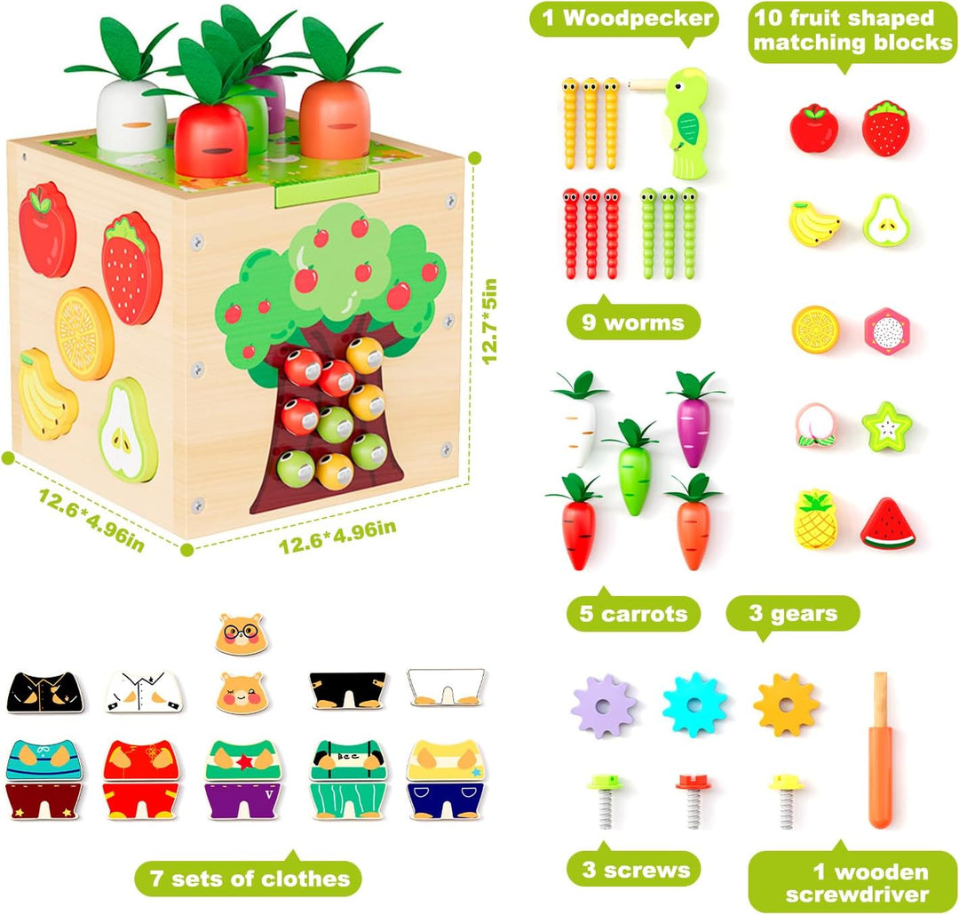 5 in 1Montessori Motorikwürfel,Activity Cube,Steckwürfel enthalten Formen zuordnen, Karotten ernten,