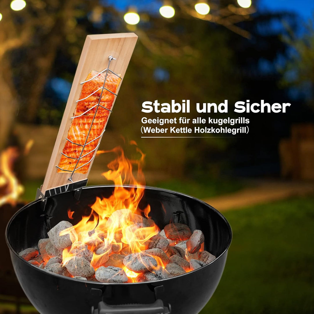 onlyfire Flammlachsbrett, 2er Set Flammlachsbretter mit 4-Fach Verstellbare Edelstahl-Halterung, Gri
