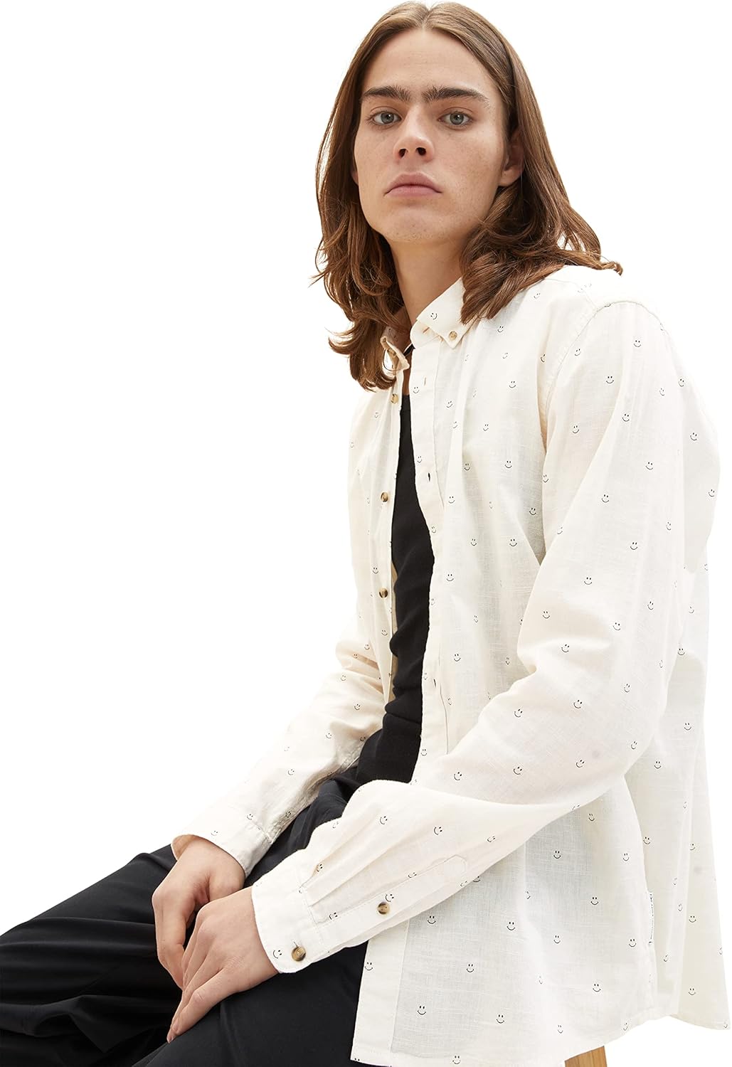 TOM TAILOR Denim Herren Hemd mit Muster M 31384 - White Smiley Print, M 31384 - White Smiley Print