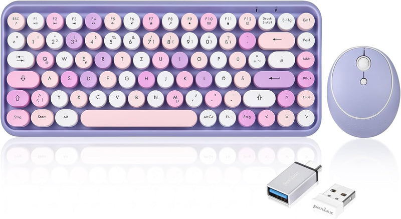 Perixx PERIDUO-713PP Kabellose Mini-Tastatur und Maus-Kombination - Retro runde Tastenkappen- Pastel