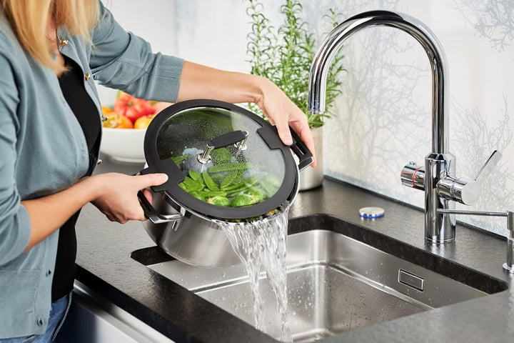 RÖSLE SILENCE PRO Kochtopf, Hochwertiger Universaltopf aus Edelstahl 18/10, 24 cm, Glasdeckel, Innen