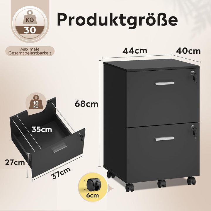 DEVAISE Rollcontainer mit 2 Schubladen, Abschliessbar Aktenschrank für Homeoffice, Rollcontainer Sch