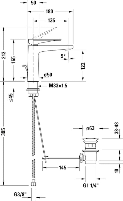 Duravit Tulum Waschtischarmatur, Grösse M (Auslauf Höhe 122 mm), Wasserhahn Bad mit Zugstangen-Ablau