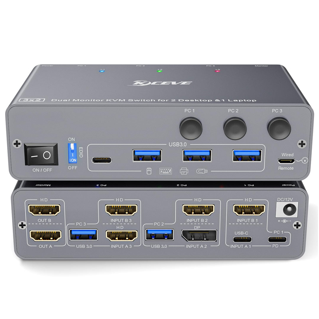 4K@60Hz USB C HDMI DP Dual Monitore KVM Switch 2 PC 1 Laptop Share 2 Monitore und 4 USB 3.0 Ports, E