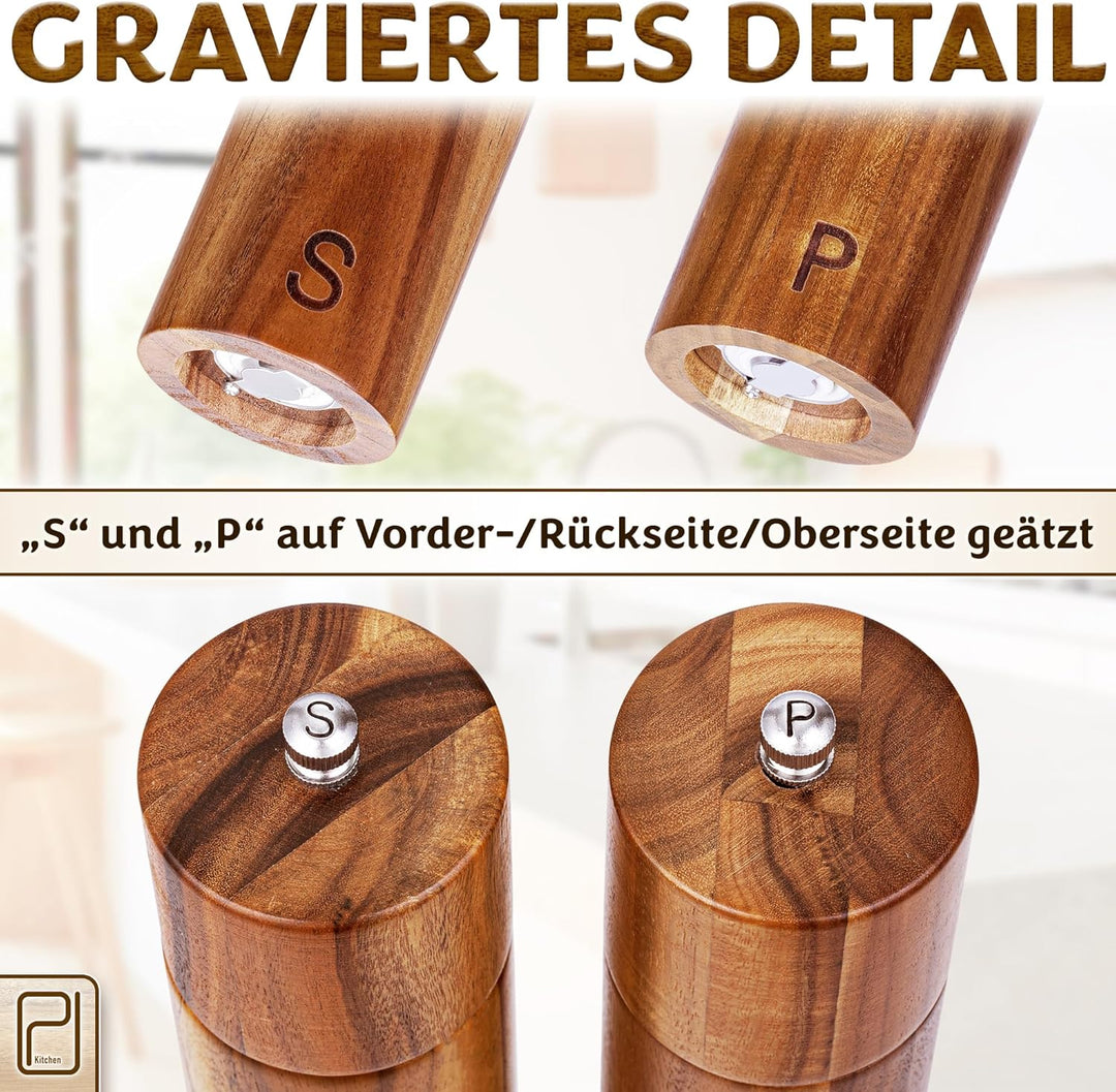 Grosses Salz- und Pfeffermühlenset - 28 g, Mühlen aus Akazienholz - Nachfüllbare manuelle Grobkorn-S