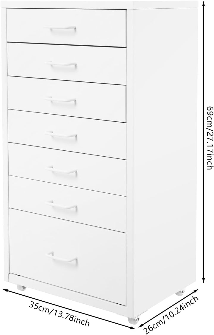 Metall Rollcontainer mit 7 Schubladen, Mobiler Schubladenschrank (Weiss), Weiss