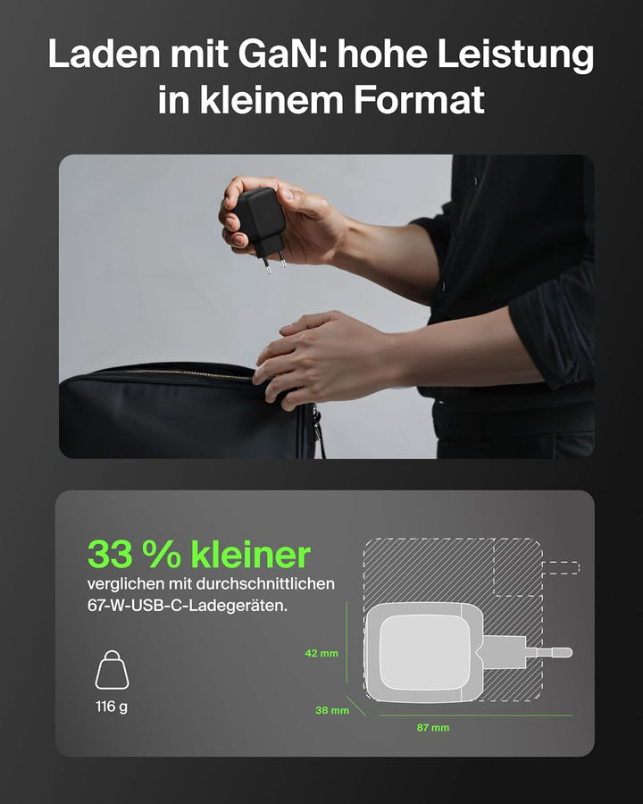Belkin SmartProtect 2-Port USB C Ladegerät, 67W, GaN-Ladegerät, 2X USB-C, Schnellladen für Geräte wi