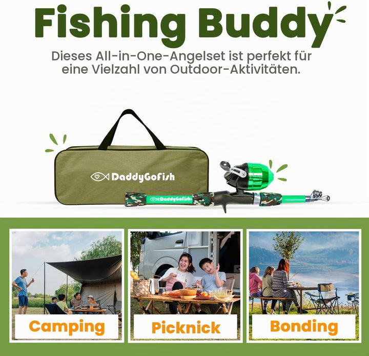 DaddyGoFish Kinder Angelset - Teleskoprute &amp; Rolle Combo mit Klappstuhl, Rutenhalter, Tackle Box, Kö