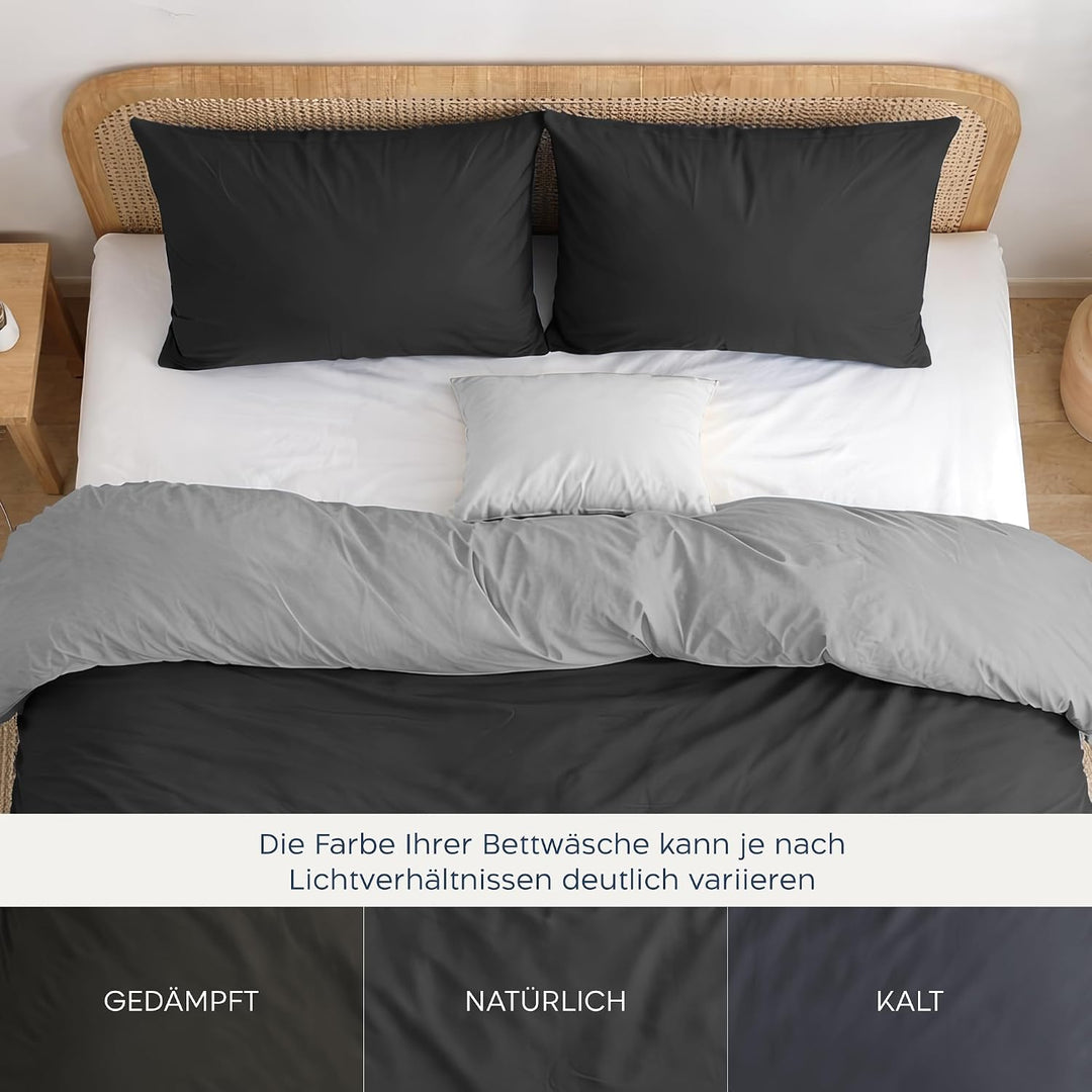 Twinzen - Bettwäsche 220x240 cm mit 2 Kissenbezüge 65x65 cm - Wendbar Dunkelgrau / Hellgrau 240x220