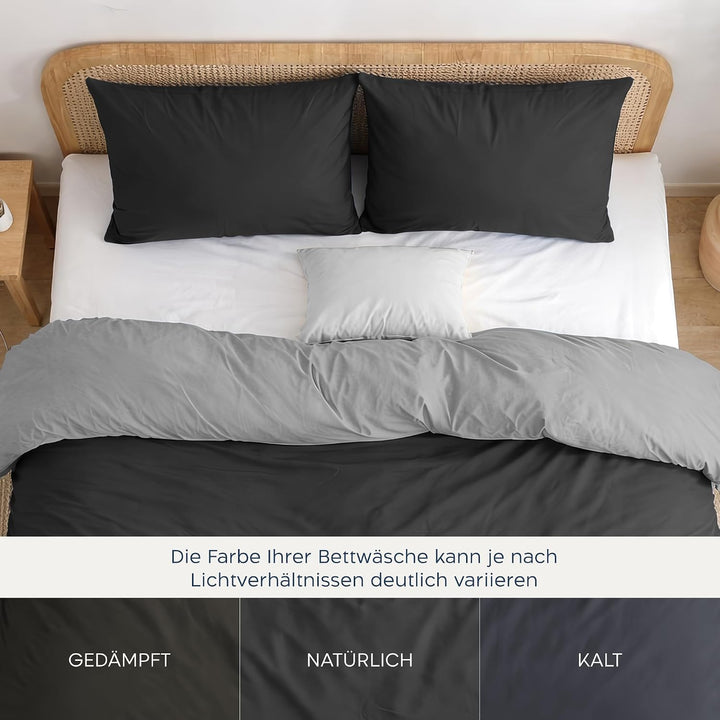 Twinzen - Bettwäsche 220x240 cm mit 2 Kissenbezüge 65x65 cm - Wendbar Dunkelgrau / Hellgrau 240x220
