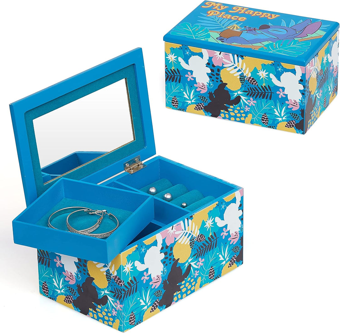 Disney Lilo and Stitch "My Happy Place" Silk Screen Print Blue Jewelry Box Jewelry Organizer, Offici