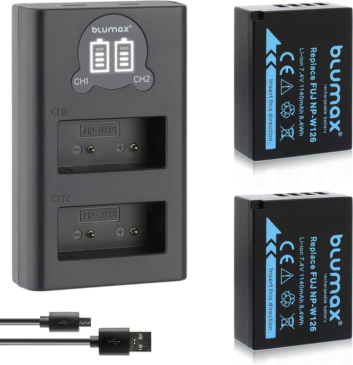 Blumax 2X Akku 1140mAh für Fujifilm NP-W126s/NP-W126 + Slim Dual-Ladegerät USB für Fujifilm XT-3 XT3
