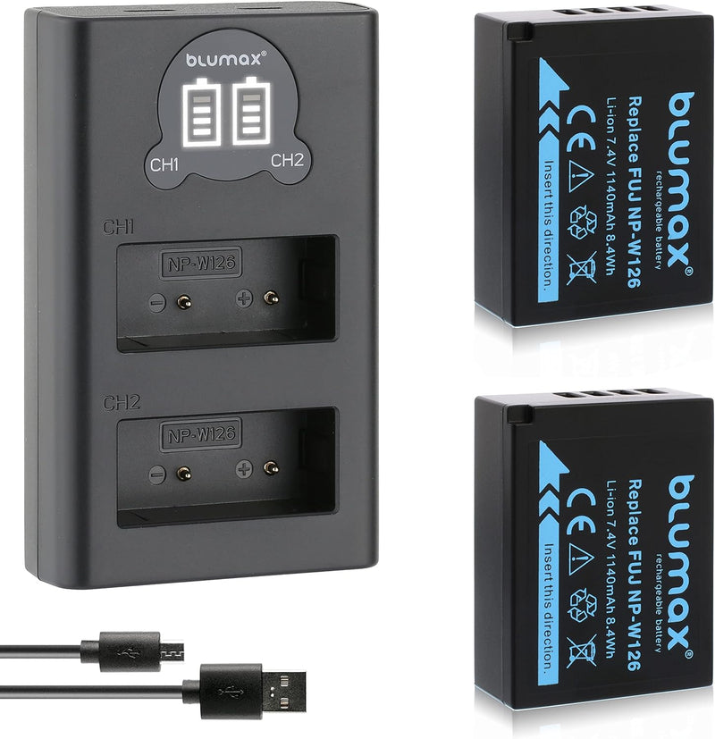 Blumax 2X Akku 1140mAh für Fujifilm NP-W126s/NP-W126 + Slim Dual-Ladegerät USB für Fujifilm XT-3 XT3