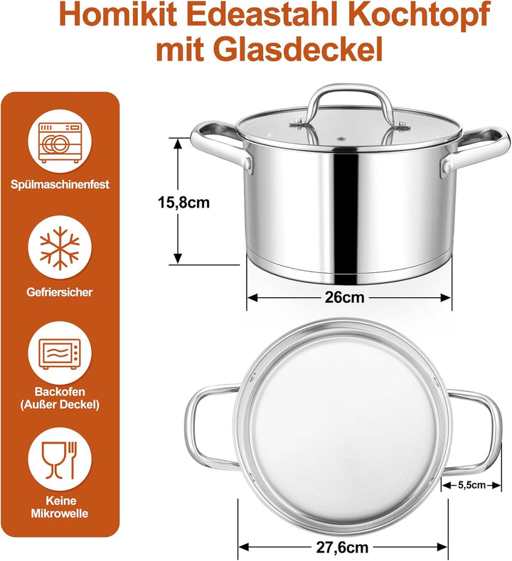 Homikit Kochtopf Gross 7,6L, Edeastahl Topf Nudeltopf Induktion mit 3-Lagen Böden für alle Herdearte