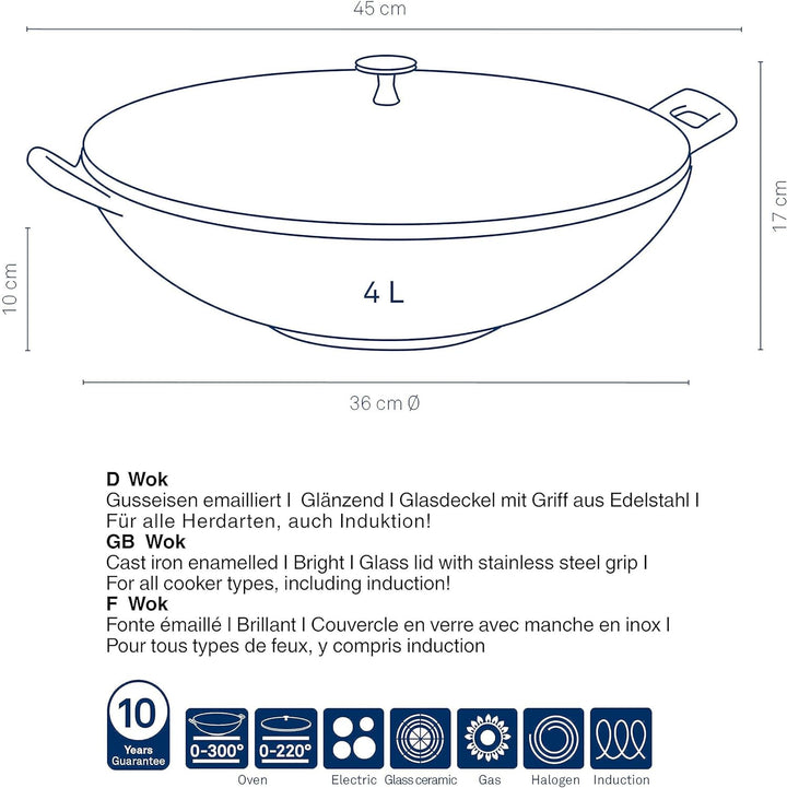 Kela Wok Calido Gusseisen rot 10cm 36cmØ 4l, 36 cm, Rot