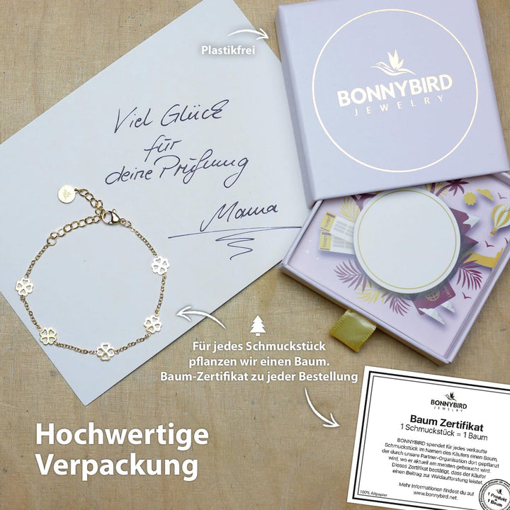 BONNYBIRD® Kleeblatt Armband Glücksbringer Prüfung aus Premium Edelstahl BonnyBliss, 100% Wasserfest