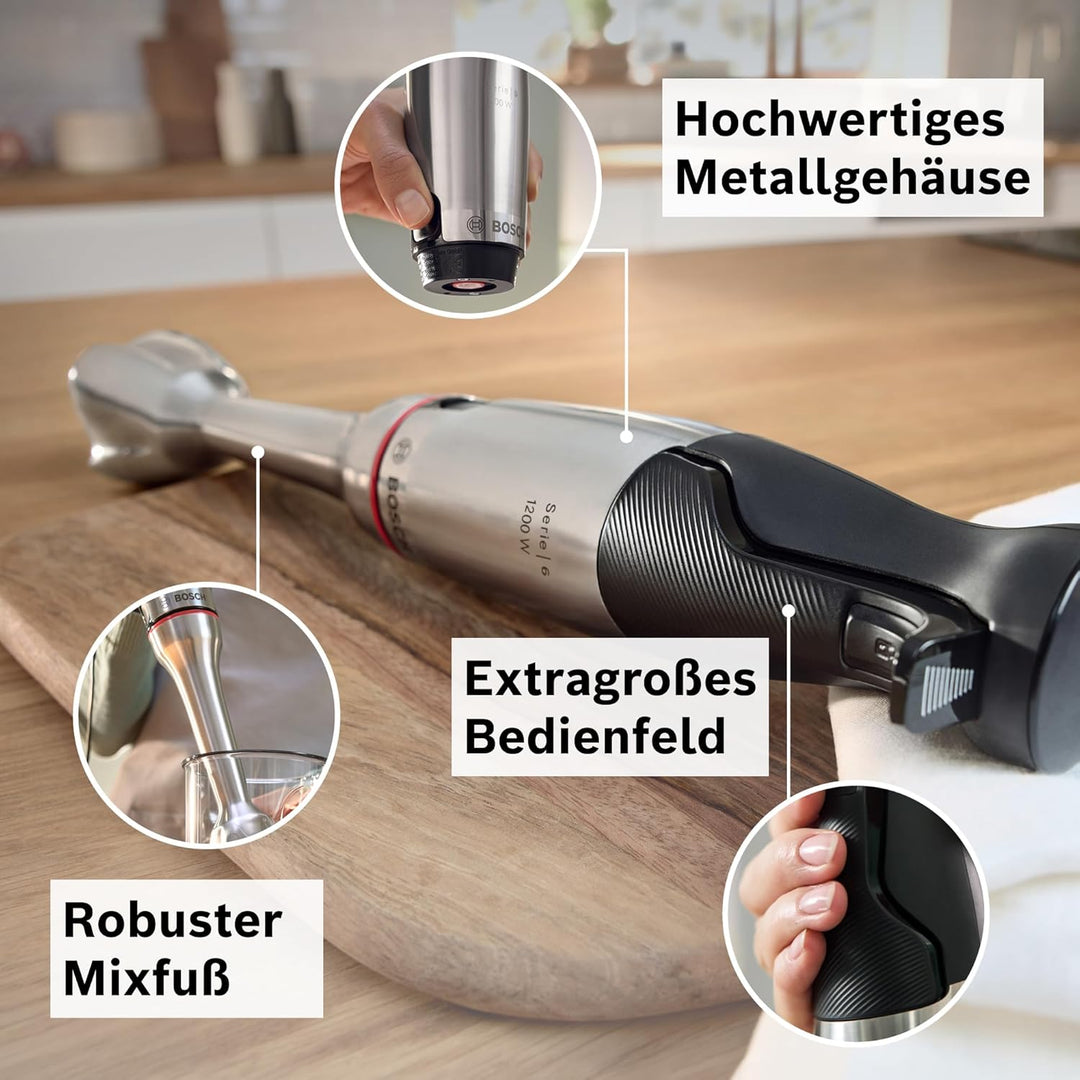 Bosch Stabmixer ErgoMaster Serie 6, einhändig bedienbar, 4 Edelstahl-Klingen, Zerkleinerer, Schneebe