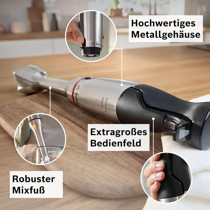 Bosch Stabmixer ErgoMaster Serie 6, einhändig bedienbar, 4 Edelstahl-Klingen, Zerkleinerer, Schneebe
