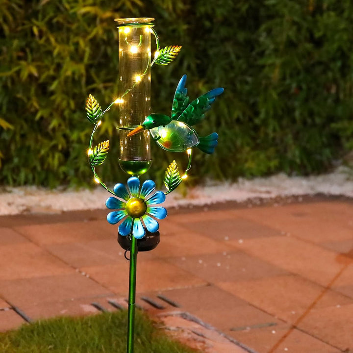 MUMTOP Regenmesser für den Aussenbereich – solarbetriebener Garten-Regenmesser, Metall-Kolibri-Blume