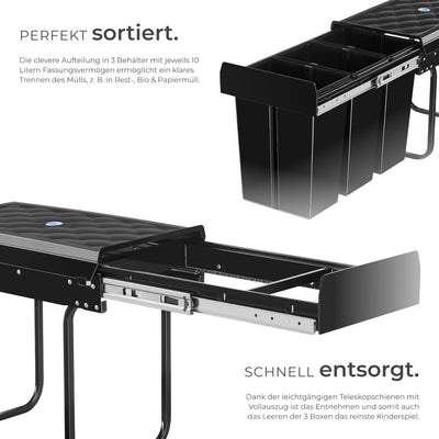 tectake® Abfallsammler, Mülleimer 3 Fächer, Mülltrennsystem Küche, für Schrank, Mülleimer Küche ausz