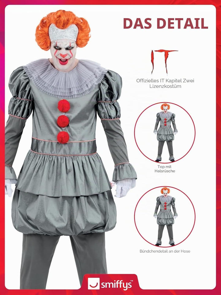 Smiffys IT Chapter Two Pennywise Kostüm für Erwachsene, Oberteil mit Nackenrüschen und Hose, grau, o
