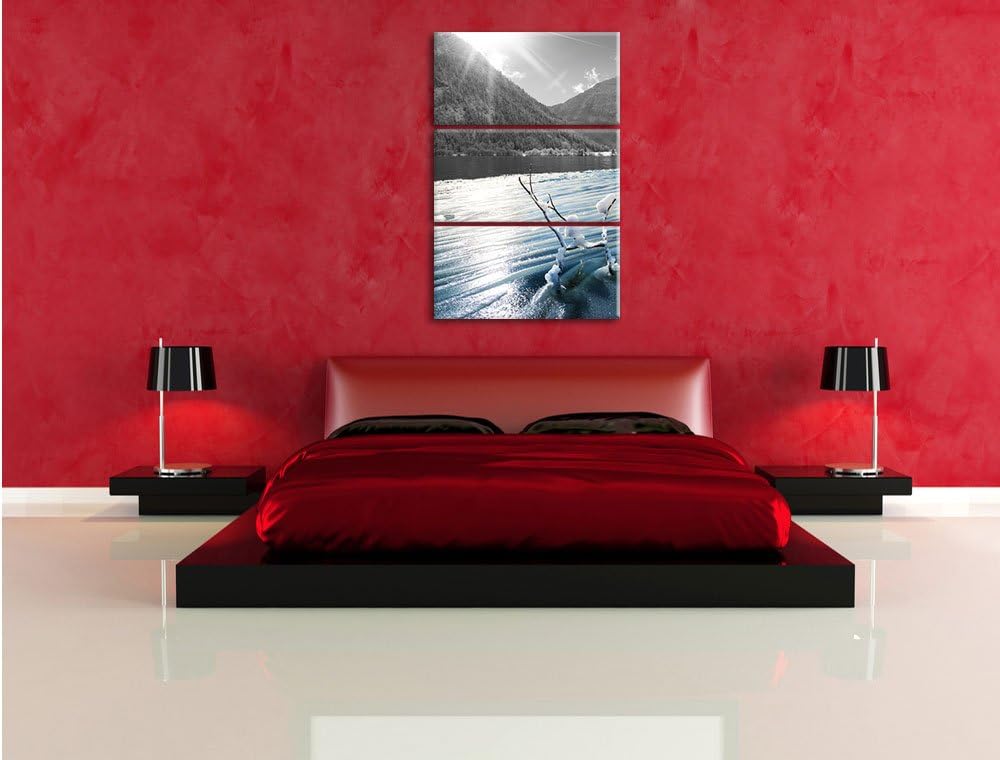 Pixxprint Ruhiger See im Winterwald als Leinwandbild/Grösse: 3 Teilig (120x80) cm/Wandbild/Kunstdruc