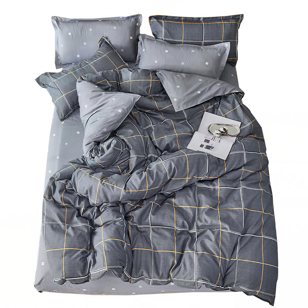 ED-Lumos 4 teilig Bettgarnitur Bettwäsche Set Bettbezug Betttuch Kopfkissenbezug Polyester Grau mit