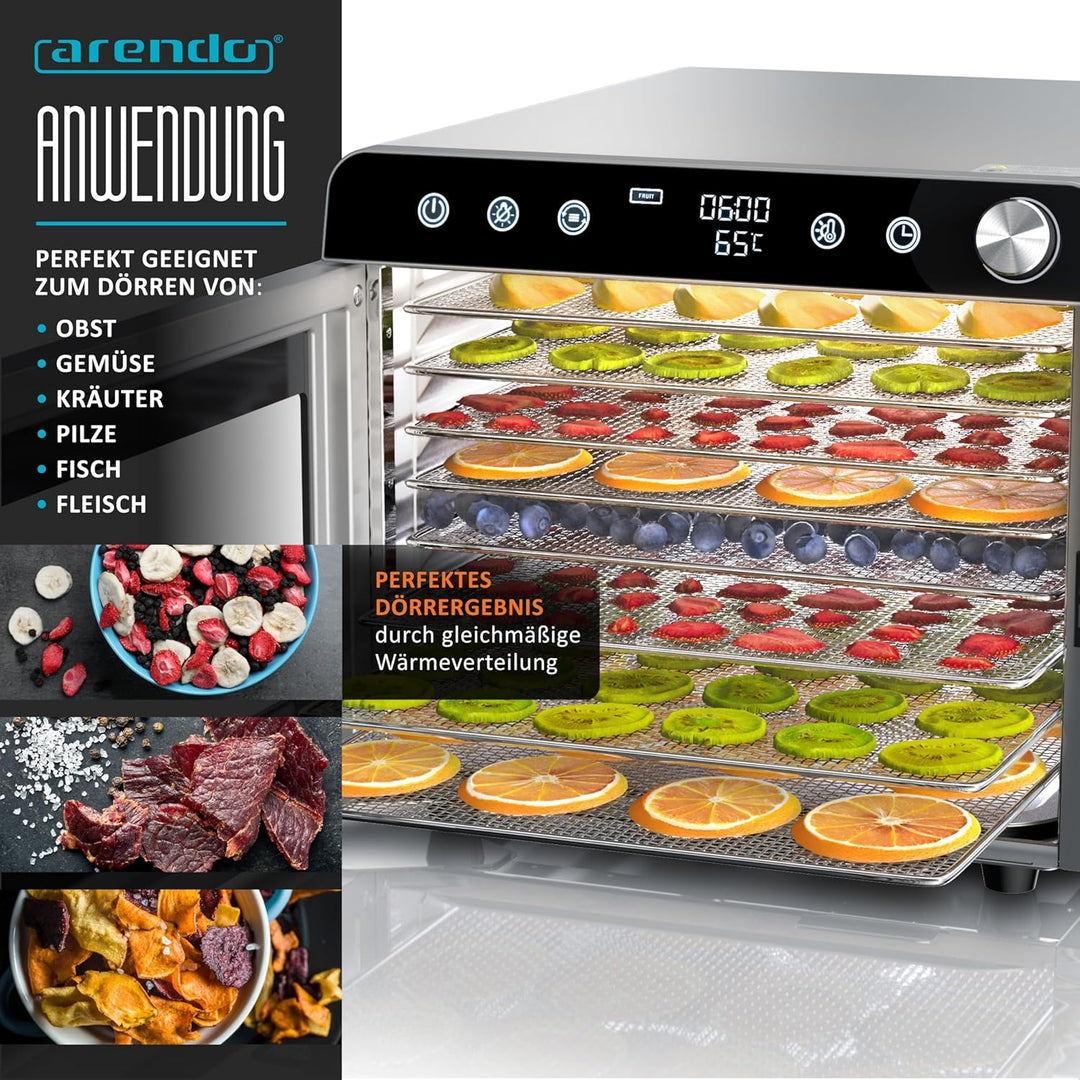 Arendo - Dörrautomat Edelstahl mit 8 Edelstahlgitter - 700 W - 30°-85°C - 8 Edelstahl Einlegetablett