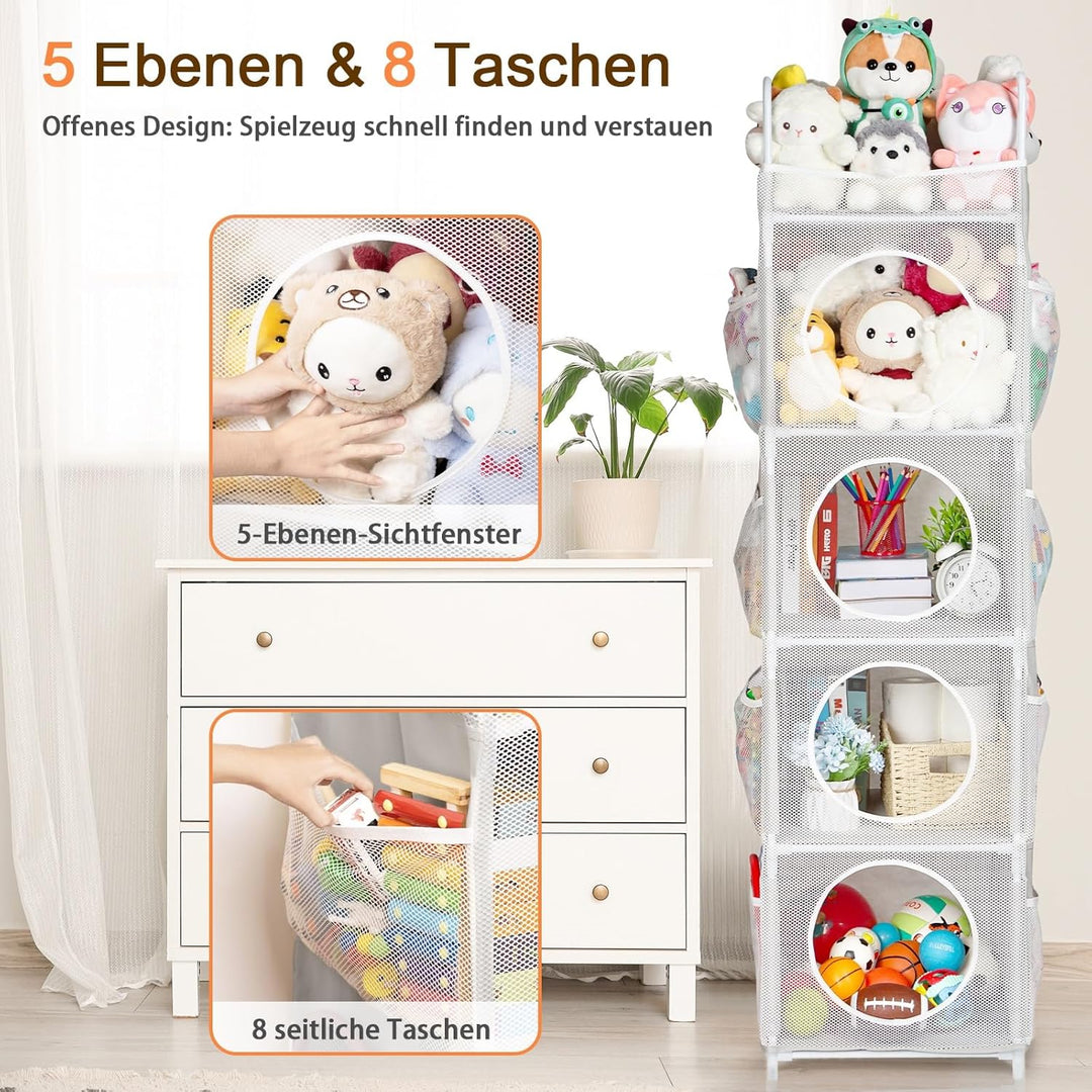 Aufbewahrung Kuscheltiere, 42x42x162cm Stofftier Aufbewahrung, 5 Etagen &amp; 8 Netztaschen Spielzeug Au