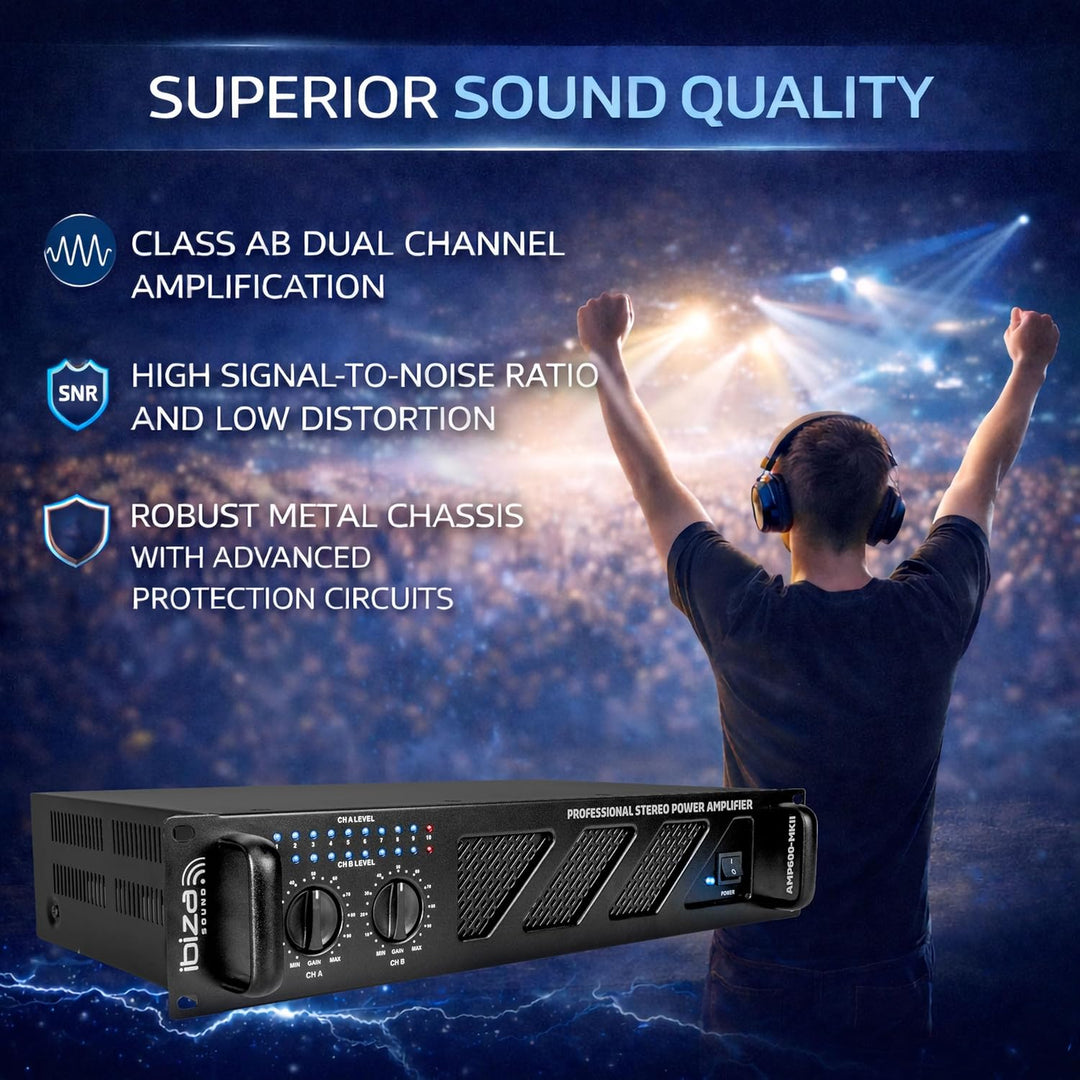 Ibiza - AMP600-MKII - Professioneller PA-Verstärker 2x480W mit RCA/Klinke Eingängen und Speakon/Born