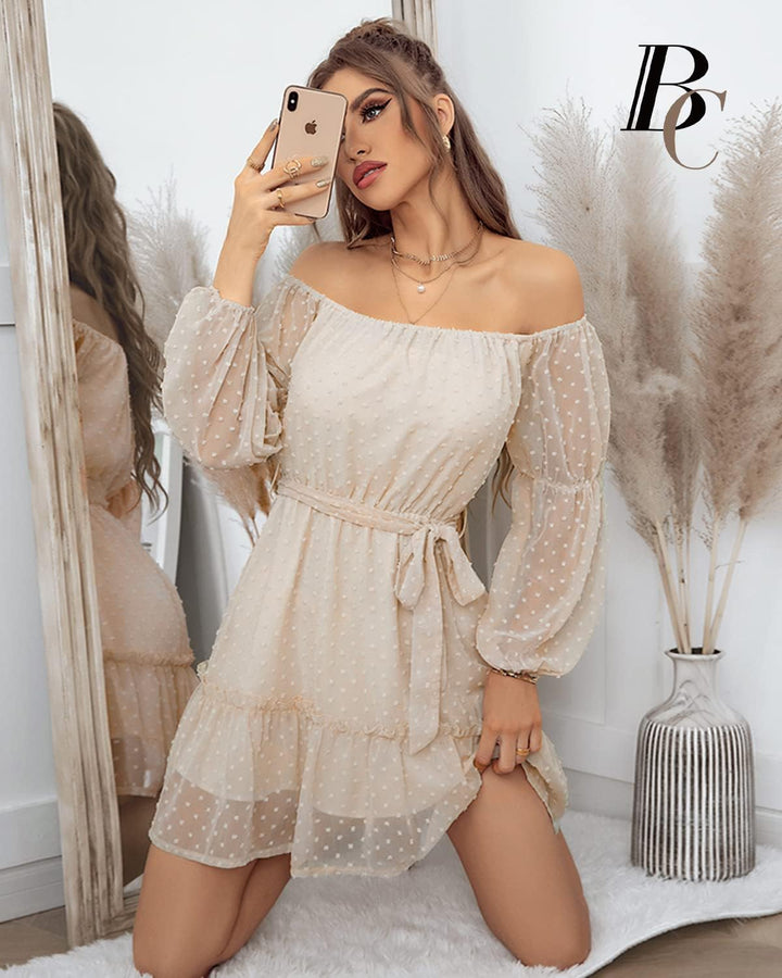 BebreezChic Kleid Damen Elegant Langarm Off Shoulder Einfarbig Swiss Dot Luftig Sommerkleid Miniklei