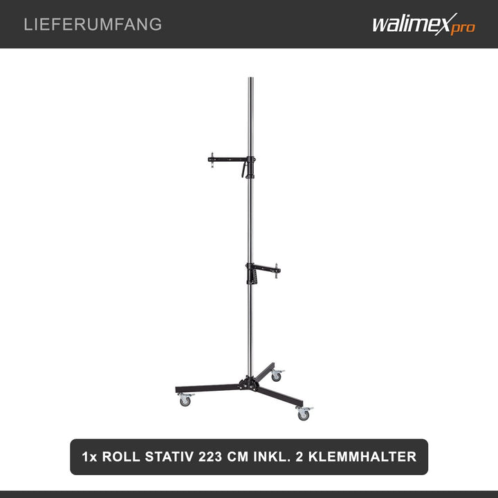 Walimex pro Rollstativ 223cm - Robustes Studiostativ mit 2 schnell verschiebbaren Klemmhaltern und s