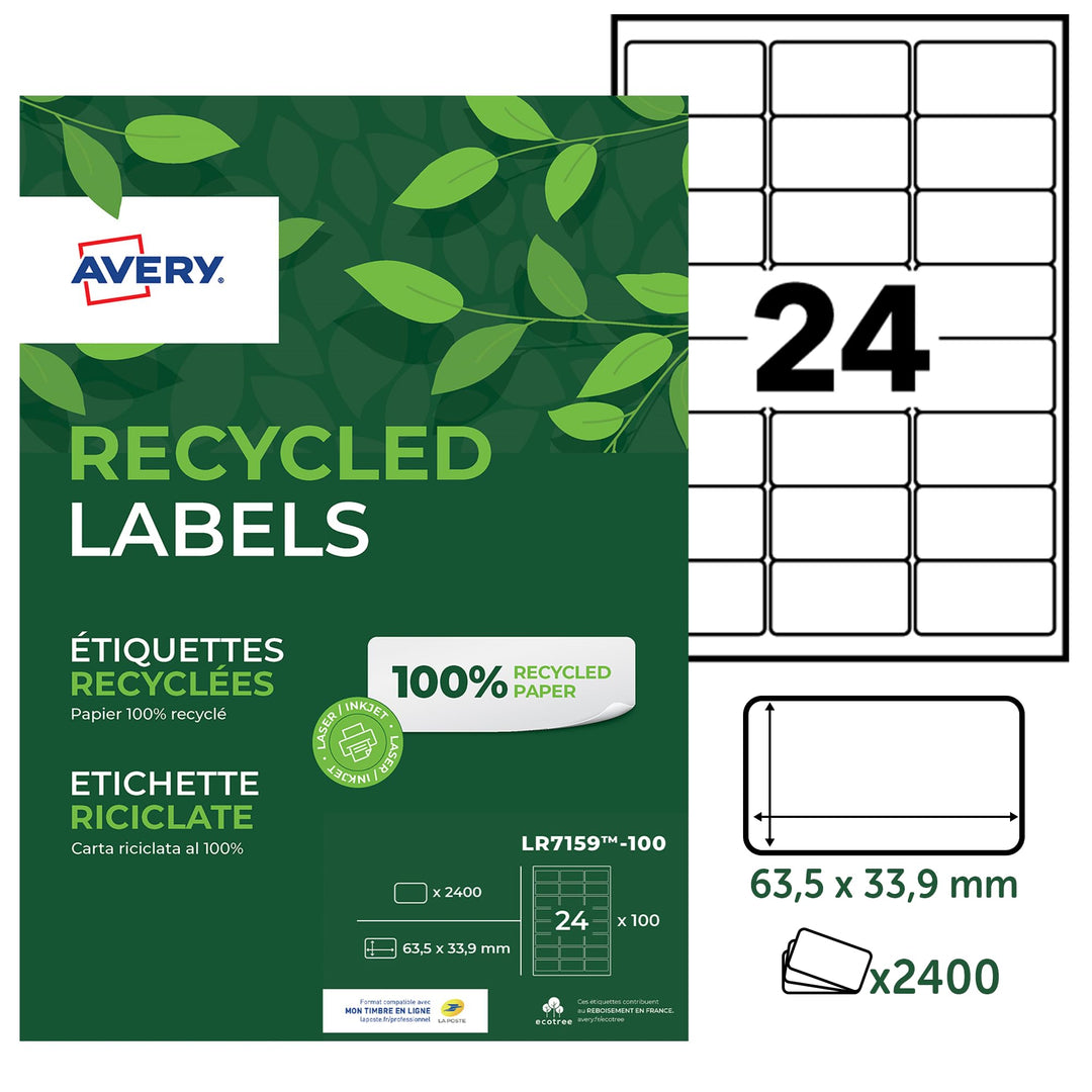Avery LR7651-100 Klebeetiketten, 63,5 x 33,9 mm, aus zu 100 % recycelten Materialien 63,5 x 33,9 mm,