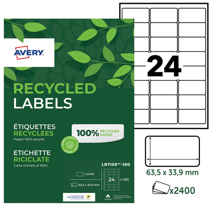 Avery LR7651-100 Klebeetiketten, 63,5 x 33,9 mm, aus zu 100 % recycelten Materialien 63,5 x 33,9 mm,