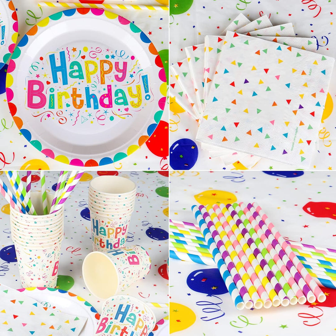 101PCS Geburstag Partygeschirr Pappteller Set Bunte Partyteller Partybecher Servietten Strohhalme Ti