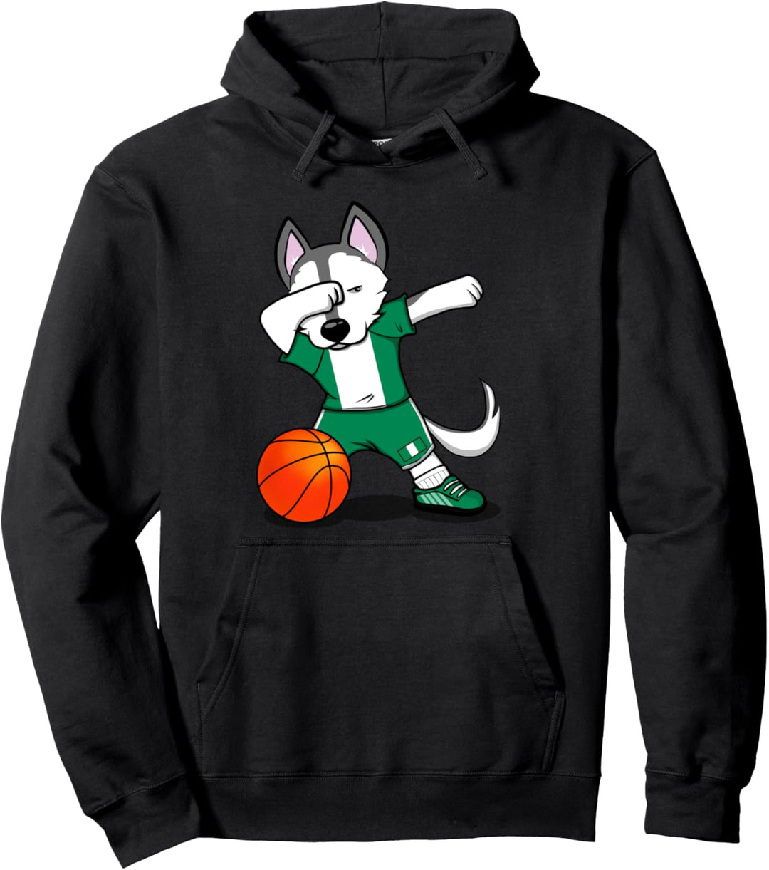 Dabbing Husky Hund Nigeria Basketball Mannschaft Flagge Pullover Hoodie