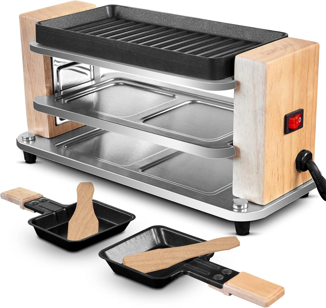 Raclette Grill 2 Personen mit Antihaft beschichteter gestreifter Grillplatte, Mini Grill Raclette mi